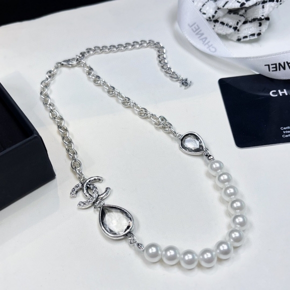 Chanel Double C Gunmetal Double Drop Chain Pearl Necklace - Picture 7 of 8
